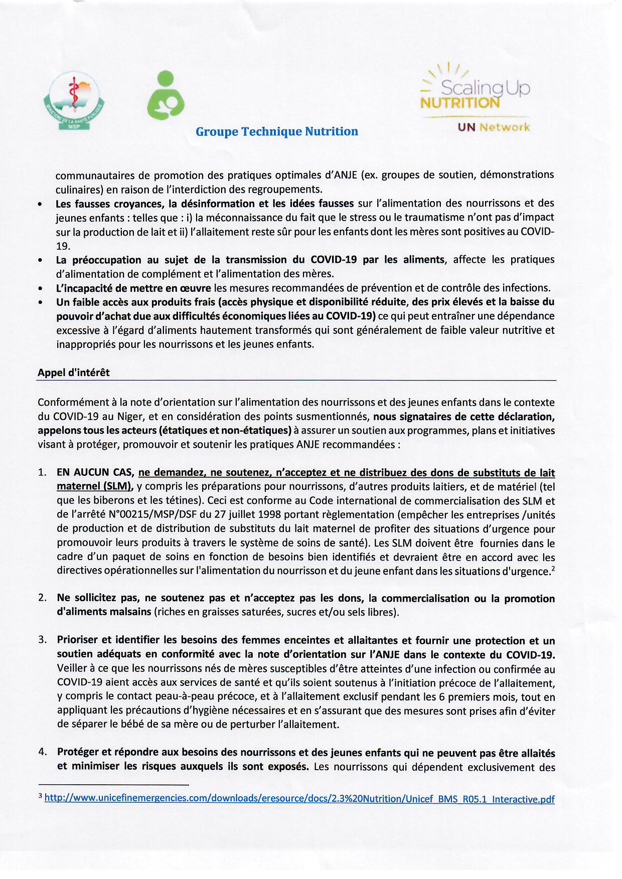 COVID-19; suite de la déclaration conjointe Niger, OMS et système des Nations Unies sur l'alimentation du nourrisson et des jeunes enfants
